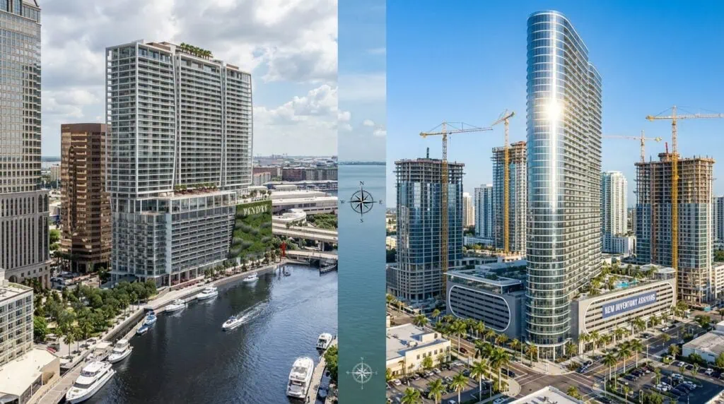Aerial view of waterfront luxury condominiums highlighting the Tampa condo market for buyers.