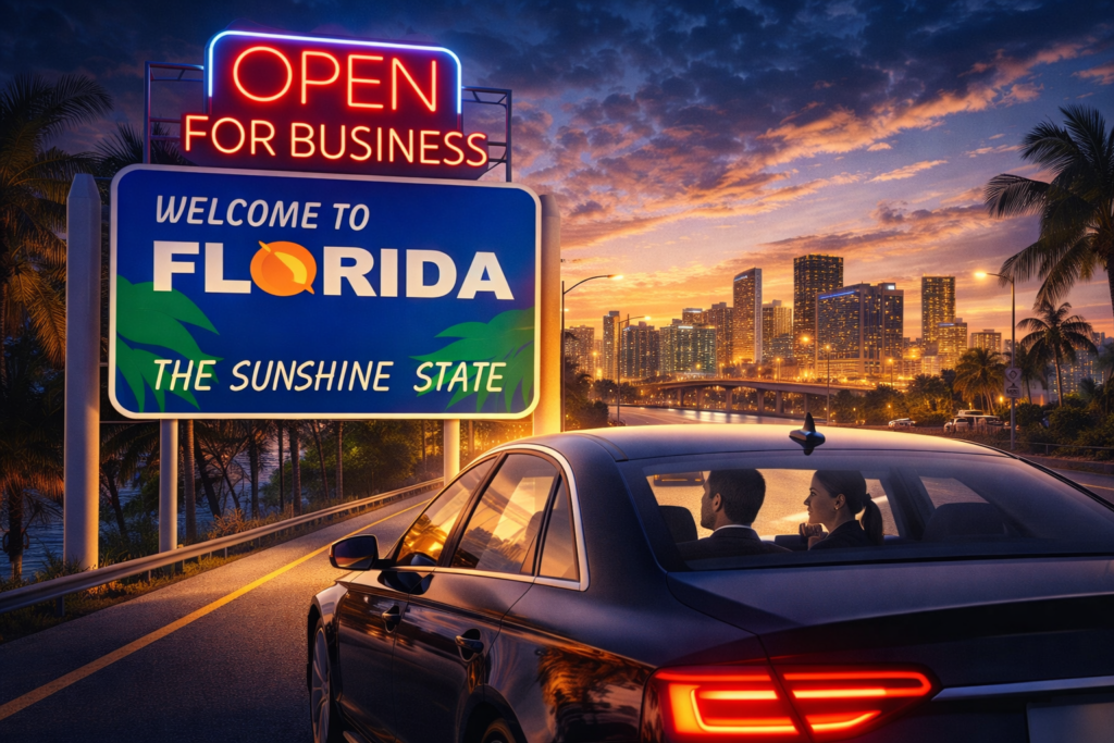 Florida Best State for Business Startups and What It Signals for Real Estate in 2026 1 business owners driving into Florida under a Welcome to Florida sign with an open for business neon message symbolizing economic growth and real estate opportunity